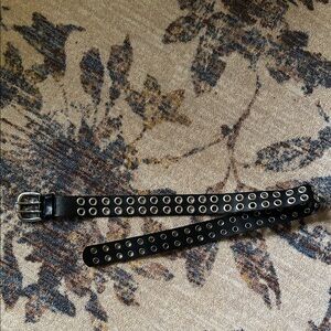 Express Black Leather Belt with Silver Buckle and Grommets